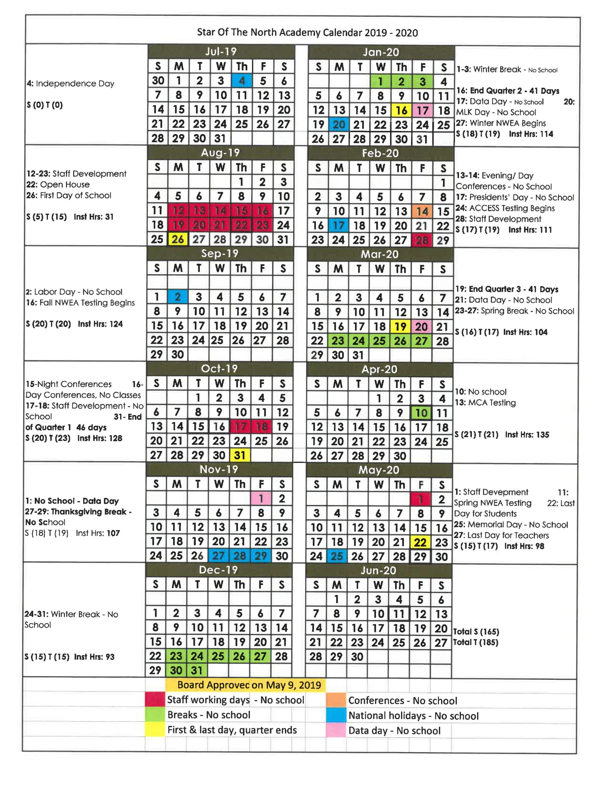 SNA Calendar 2019 2020